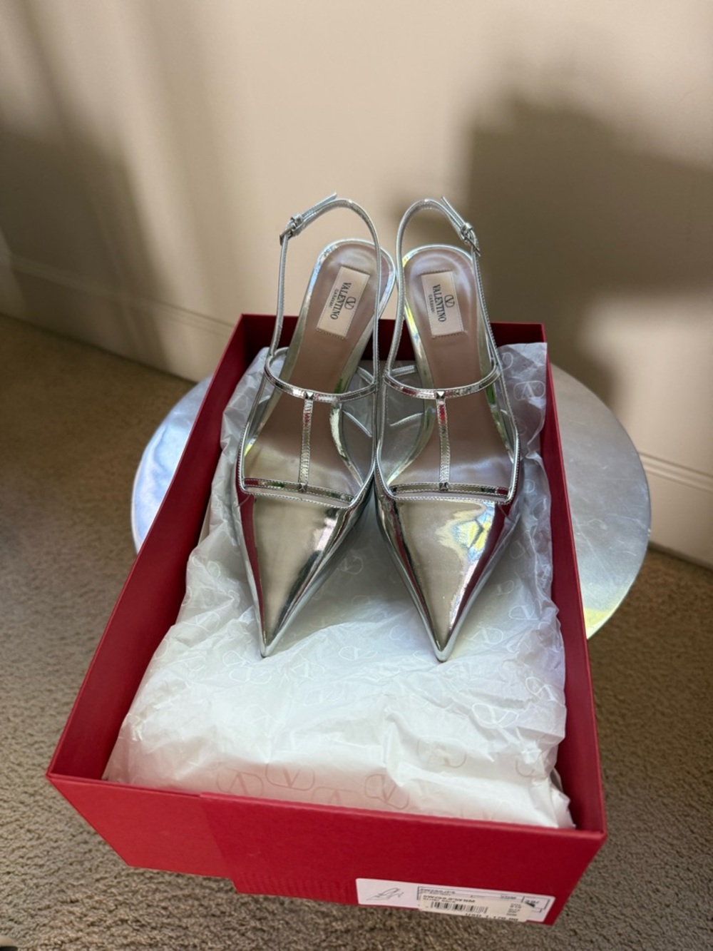 Valentino Metallic Silver Pointed-Toe T-Strap Slingback Heels